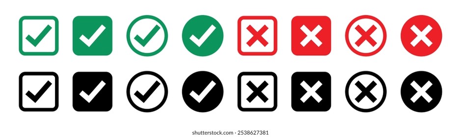 Green tick and red cross checkmarks. Right or wrong icons. Checkmark and x mark icon for apps and websites.