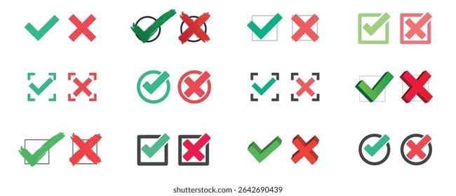 Green tick and red cross checkmarks. Right or wrong icons.