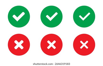 Green tick and red cross checkmarks in circle flat icons. Right or wrong icons. Yes or no symbol, approved or rejected icon for user interface.