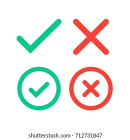 Green tick and red cross checkmarks in circle flat icons. Vector illustration isolated on a white background. Acceptance of voting results. Premium quality. 
