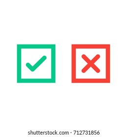 Green tick and red cross checkmarks in square flat icons. Vector illustration isolated on a white background. Acceptance of voting results. Premium quality. 