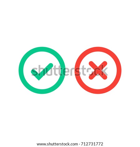 Green tick and red cross checkmarks in circle flat icons. Vector illustration isolated on a white background. Acceptance of voting results. Premium quality. 