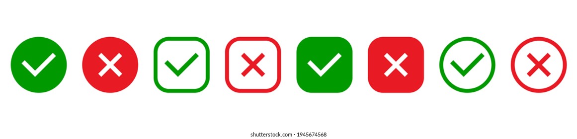 Cruz roja y de garrapata verde en iconos de círculo y línea cuadrada. Marcas de verificación y conjunto de marcas de cruce. SÍ o NO símbolo. Concepto de lista de verificación, rechazo o aceptación. Ilustración vectorial.