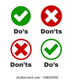 Green Tick and Red Cross with Do's and Don'ts. Vector stock illustration.