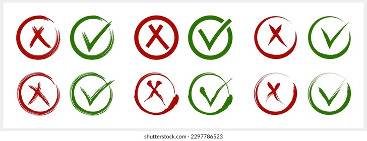 Icono de marca verde y cruz roja Comprobar conjunto de clipart de marca. X, sí, ningún símbolo. Ilustración del material del vector EPS 10