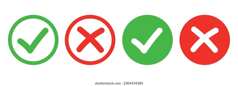 Icono de garrapata verde y cruz roja. Conjunto de iconos de la marca verde y de la homologación de la cruz roja en círculo y cuadrado, icono de aprobación de garrapatas planas, símbolos de garrapatas aisladas en fondo blanco, vector