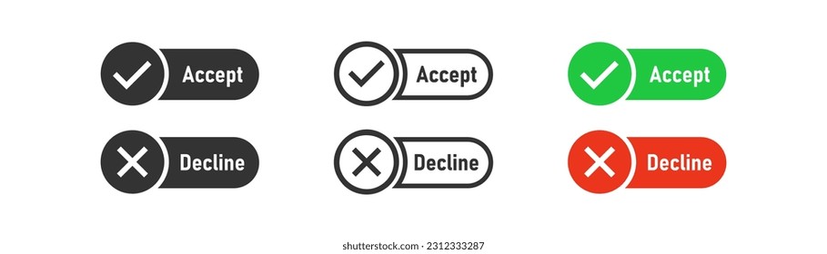 Green tick and red cross icon on light background. Accept, decline buttons symbol. Ring, call, choice, ui, right, wrong, checkmark. Outline, flat and colored style. Flat design. Vector illustration.