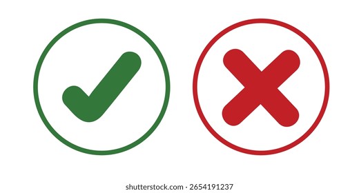 Green Tick and Red Cross Icon Set - Markieren und falsches Symbol im Kreis für Benutzeroberfläche, Formulare, Genehmigung oder Fehleranzeige, isoliert auf weißem Hintergrund