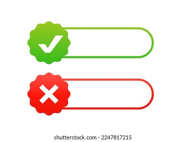 Green tick and red cross, negative symbol stickers.Tick and cross signs. Green check mark ON and red X icon. Symbols YES and NO button for vote, decision, web, logo, app, UI. Vector illustration