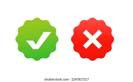 Green tick and red cross, negative symbol stickers.Tick and cross signs. Green check mark ON and red X icon. Symbols YES and NO button for vote, decision, web, logo, app, UI. Vector illustration