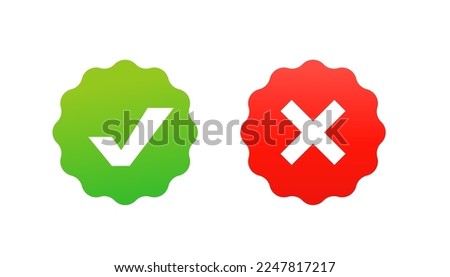 Green tick and red cross, negative symbol stickers.Tick and cross signs. Green check mark ON and red X icon. Symbols YES and NO button for vote, decision, web, logo, app, UI. Vector illustration