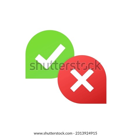 Green tick and red cross, negative symbol. Tick and cross signs. Green check mark ON and red X icon. Symbols YES and NO button for vote, decision, web, logo, app, UI. Vector illustration