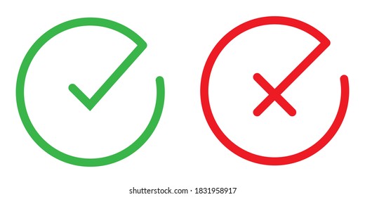 Ropa verde y cruz roja. Icono de marca de verificación redonda. Sí y ningún símbolo. Simple y delgada señal correcta e incorrecta. Iconos vectoriales correctos e incorrectos. Encuesta aislada sobre fondo blanco. EPS vectorial 10