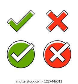 Green tick and red cross set. Right or wrong. True or false vector