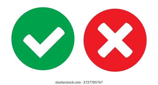 Marca Verde e Cruz Vermelha Definida, Conjunto de Ícones Aprovado e Rejeitado, Símbolos de IU Sim ou Não