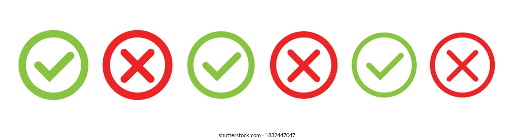 Green tick and red cross sign in the circle . The check icon. Icons posted on a white background. Vector illustration.