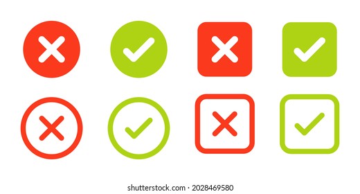 Green tick red cross vector icons. Tick and cross marks. Accepted, rejected, approved, disapproved, right, wrong, correct, false symbols. Checkbox and cross, thin line icons. Check and wrong marks