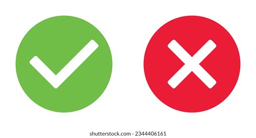 green tick and red x in circle, OK check mark and X cross icon symbol, vector illustration isolated on a white background