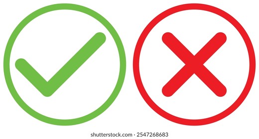 tick verde y rojo x en círculo, marca de verificación OK y símbolo de icono de cruz X, Ilustración vectorial aislada sobre un fondo blanco