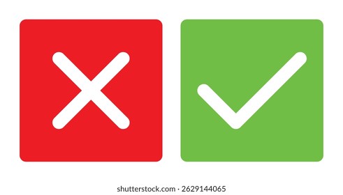 tique verde e x vermelho em quadrado, marca de verificação OK e símbolo de ícone X cruz, ilustração vetorial isolado em um fundo branco