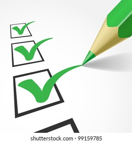 Green tick survey. Vector illustration of pencil placing green ticks in check boxes. Paper and elements on separate layers.  Clipping mask used.