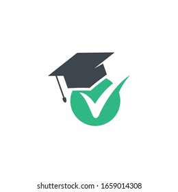 green tick symbol and graduation cap or mortar board. flat icon isolated on white background . online course. Design thinking. Vector illustration. Knowledge