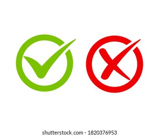 Green tick symbol and red cross sign in circle. vector illustration