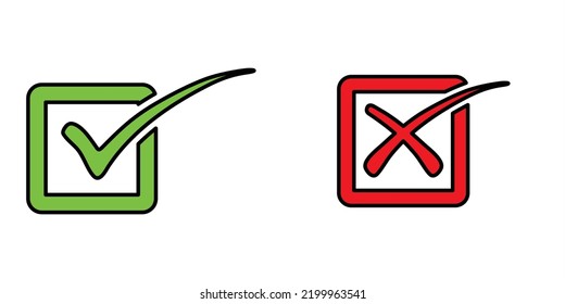Green tick symbol and red cross sign in circle. Icons for evaluation quiz. Vector.
