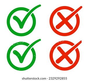 Green tick symbol and red cross sign in circle grunge effect