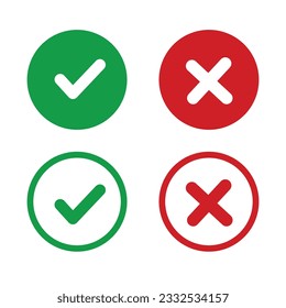 Green tick symbol and red cross sign in circle. Green checkmark and red X icons, isolated on white background