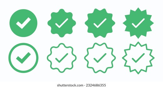  Marca verde, sí, símbolo de confirmación. Botón de marca de verificación verde para verificación o conjunto de iconos de confirmación