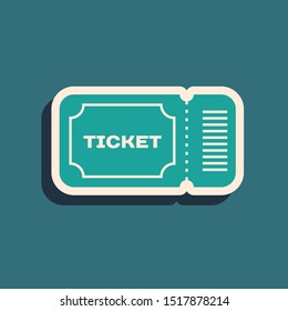 Green Ticket icon isolated on blue background. Long shadow style. Vector Illustration