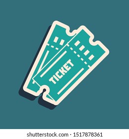 Green Ticket icon isolated on blue background. Long shadow style. Vector Illustration