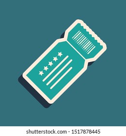 Green Ticket icon isolated on blue background. Long shadow style. Vector Illustration