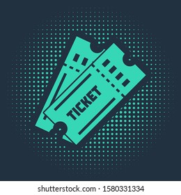 Green Ticket icon isolated on blue background. Abstract circle random dots. Vector Illustration