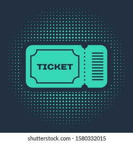 Green Ticket icon isolated on blue background. Abstract circle random dots. Vector Illustration