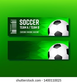 Green Ticket For Visit Soccer Season Match Vector. Modern Bright Ticket Invitation For Watching Football On Stadium. Playing Ball, Gate, Raw And Seat Information On Flyer. Realistic 3d Illustration