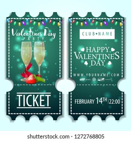 The green tickets for the party on Valentine's Day with glasses of champagne