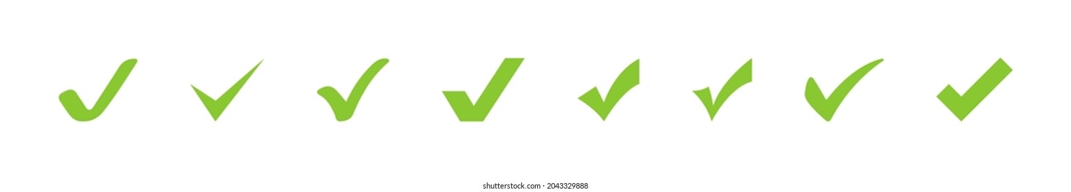 Green ticks icon set. Different ticks shapes. Checkmark checkbox tick confirmation approve seccess symbols set. Green checkmarks collection. Vector graphic. EPS 10