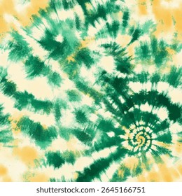 Green tie-dye print with a yellow background, a white spiral design. tie-dye seamless pattern, shibori style, vector illustration, doodle summer, kids and baby designs for print fabric.