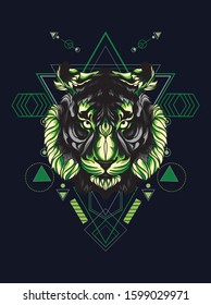 Green Tiger head illustration with sacred geometry pattern