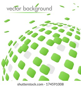 Green tiles flying from abstract globe. Vector background. Technology concept.