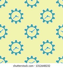 Green Time Management icon isolated seamless pattern on yellow background. Clock and gear sign. Vector Illustration