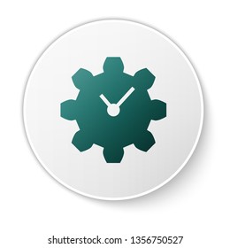 Green Time Management icon isolated on white background. Clock and gear sign. Productivity symbol. White circle button. Vector Illustration
