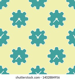 Green Time Management icon isolated seamless pattern on yellow background. Clock and gear sign. Productivity symbol. Vector Illustration