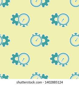 Green Time Management icon isolated seamless pattern on yellow background. Clock and gear sign. Productivity symbol. Vector Illustration