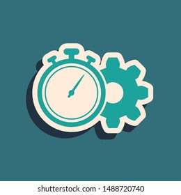 Green Time Management icon isolated on blue background. Clock and gear sign. Productivity symbol. Long shadow style. Vector Illustration