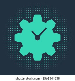 Green Time Management icon isolated on blue background. Clock and gear sign. Productivity symbol. Abstract circle random dots. Vector Illustration