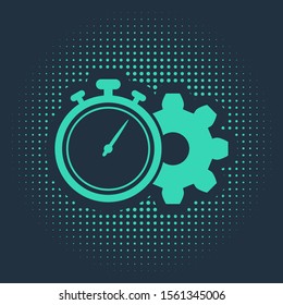 Green Time Management icon isolated on blue background. Clock and gear sign. Productivity symbol. Abstract circle random dots. Vector Illustration