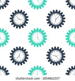 Green Time Management icon isolated seamless pattern on white background. Clock and gear sign. Productivity symbol. Vector.